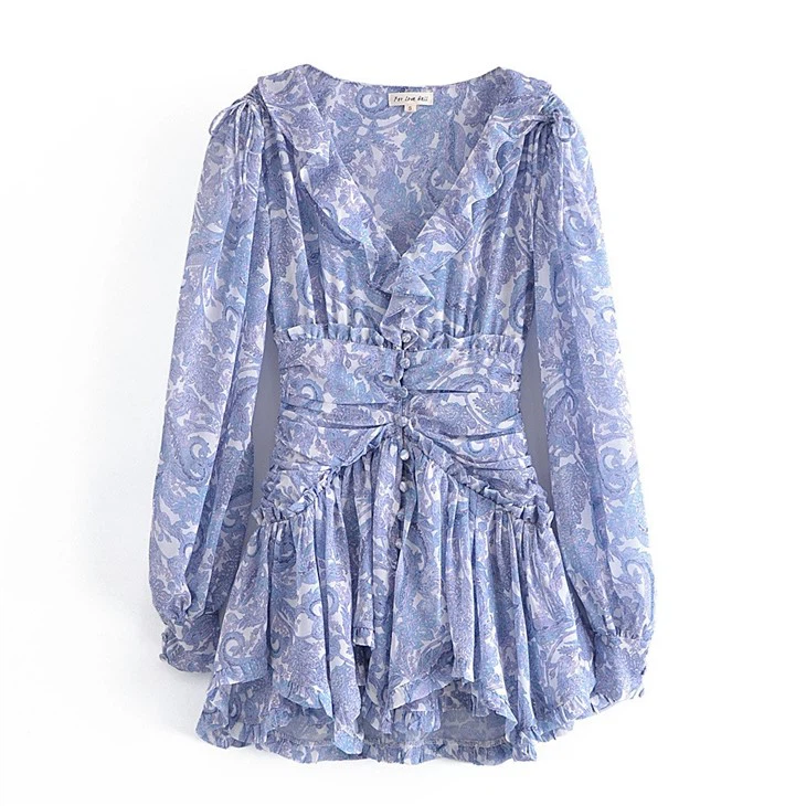 Blue Paisley Print Ruffled Mini Dress suppliers