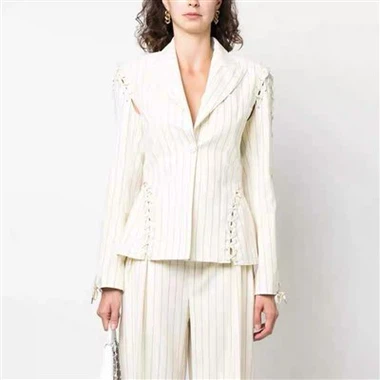 Slim - Fit White Lace - Up Striped Blazer
